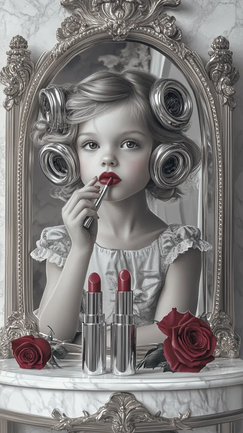 Giovane ragazza con rossetto a un antico vanity con specchio
