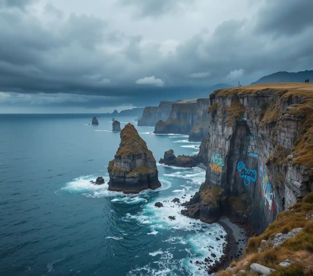 Dramatic coastal cliffs above a calm stormy sea