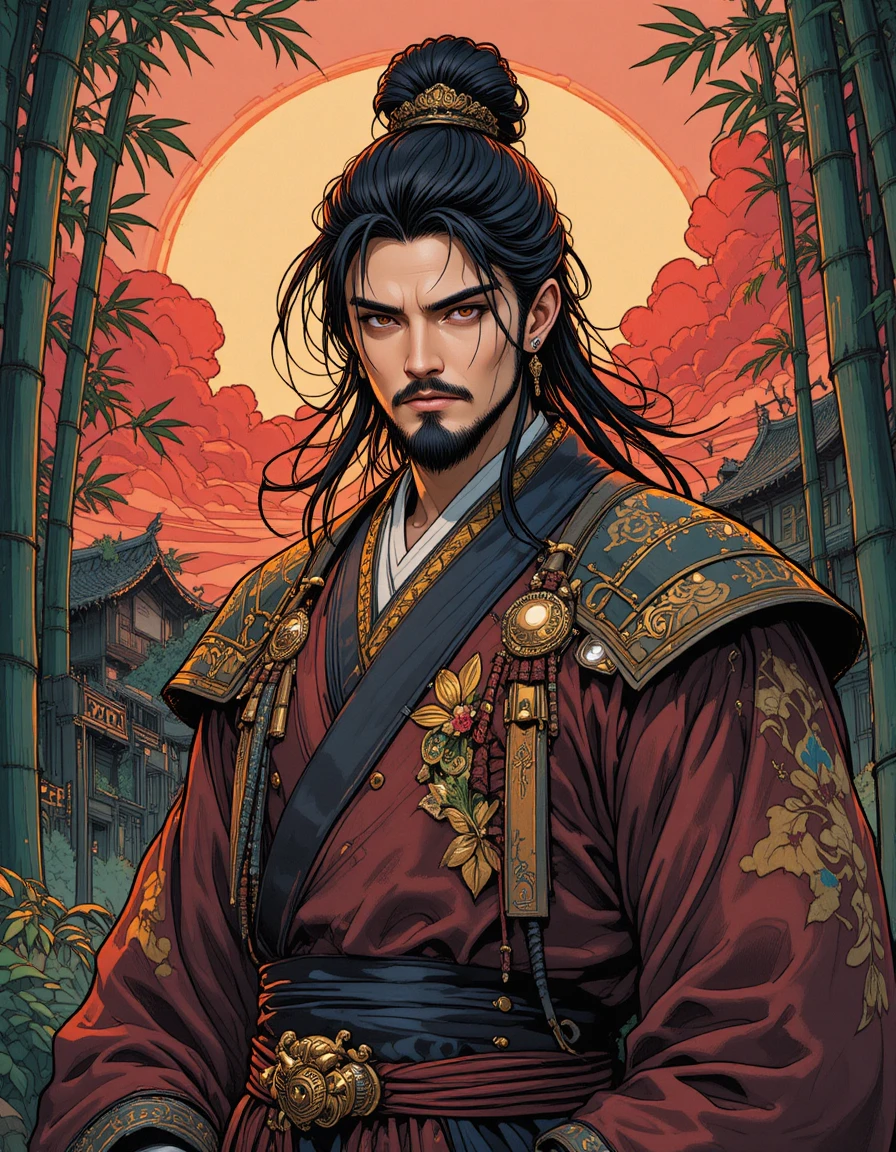Noble Japanese warrior lord in a bamboo forest at sunset