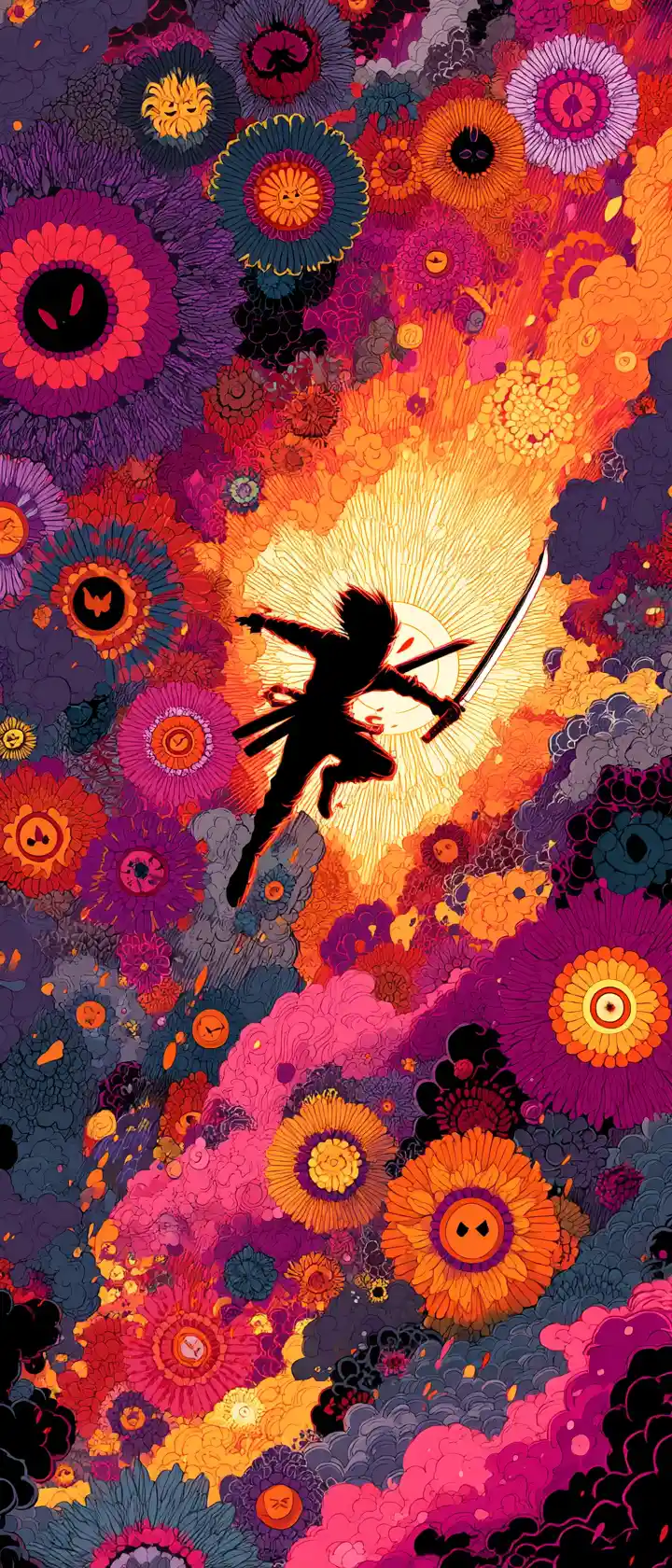 Anime samurai leaping to slice giant smiling flower monsters