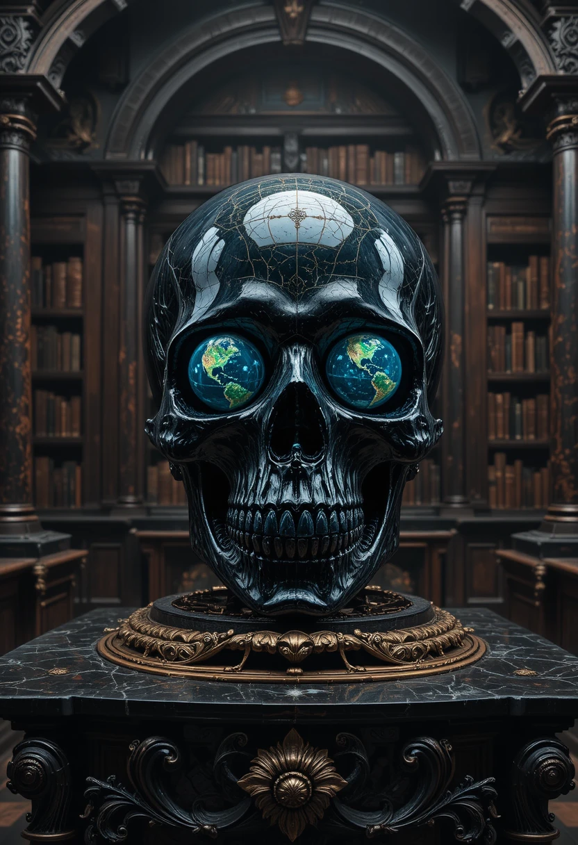 Surreal skull globe on obsidian altar in ancient library