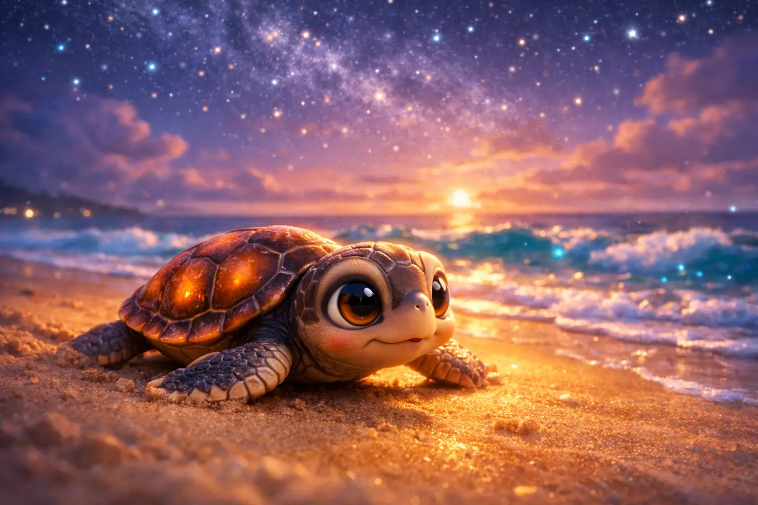 Baby sea turtle crawling across golden sand at dusk