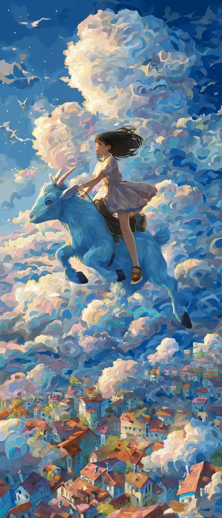 Anime girl riding a glowing blue goat through surreal sky