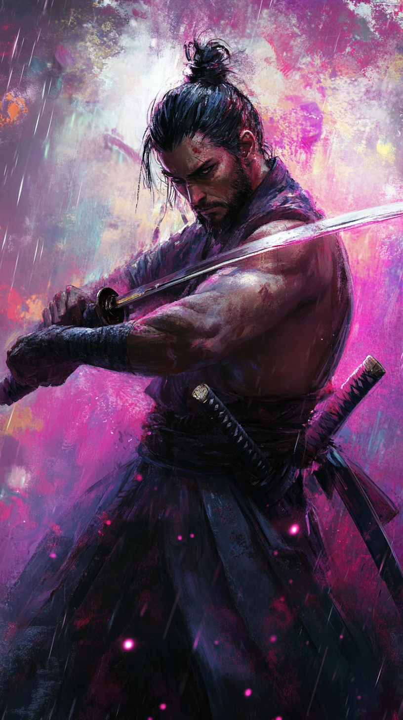 Samurai warrior wielding glowing pink katana in the rain