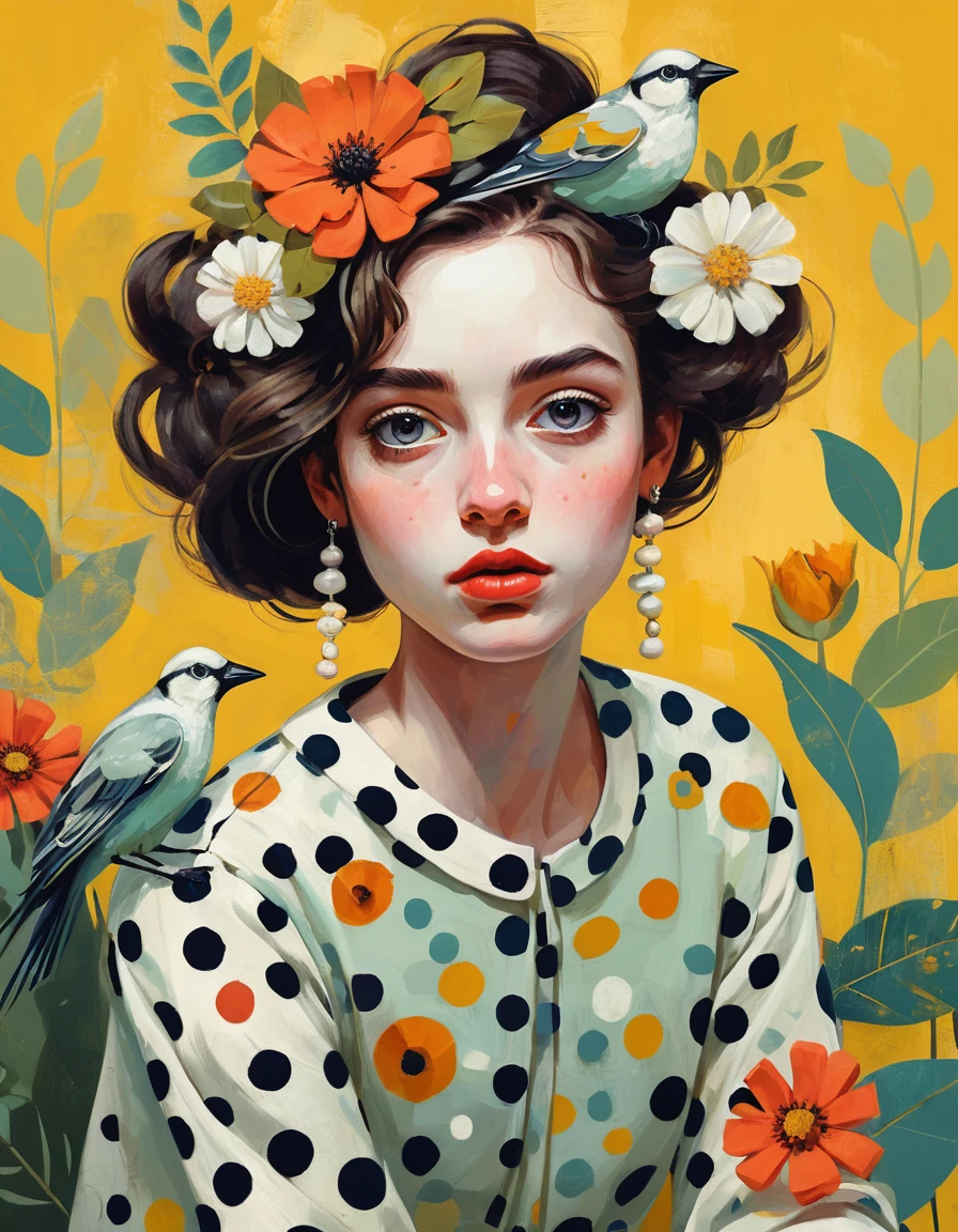 Modern painterly portrait of a woman with flowers and bird