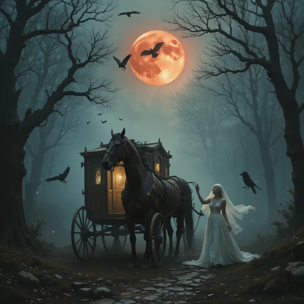 Cursed horse pulling ruined wedding carriage through misty woods