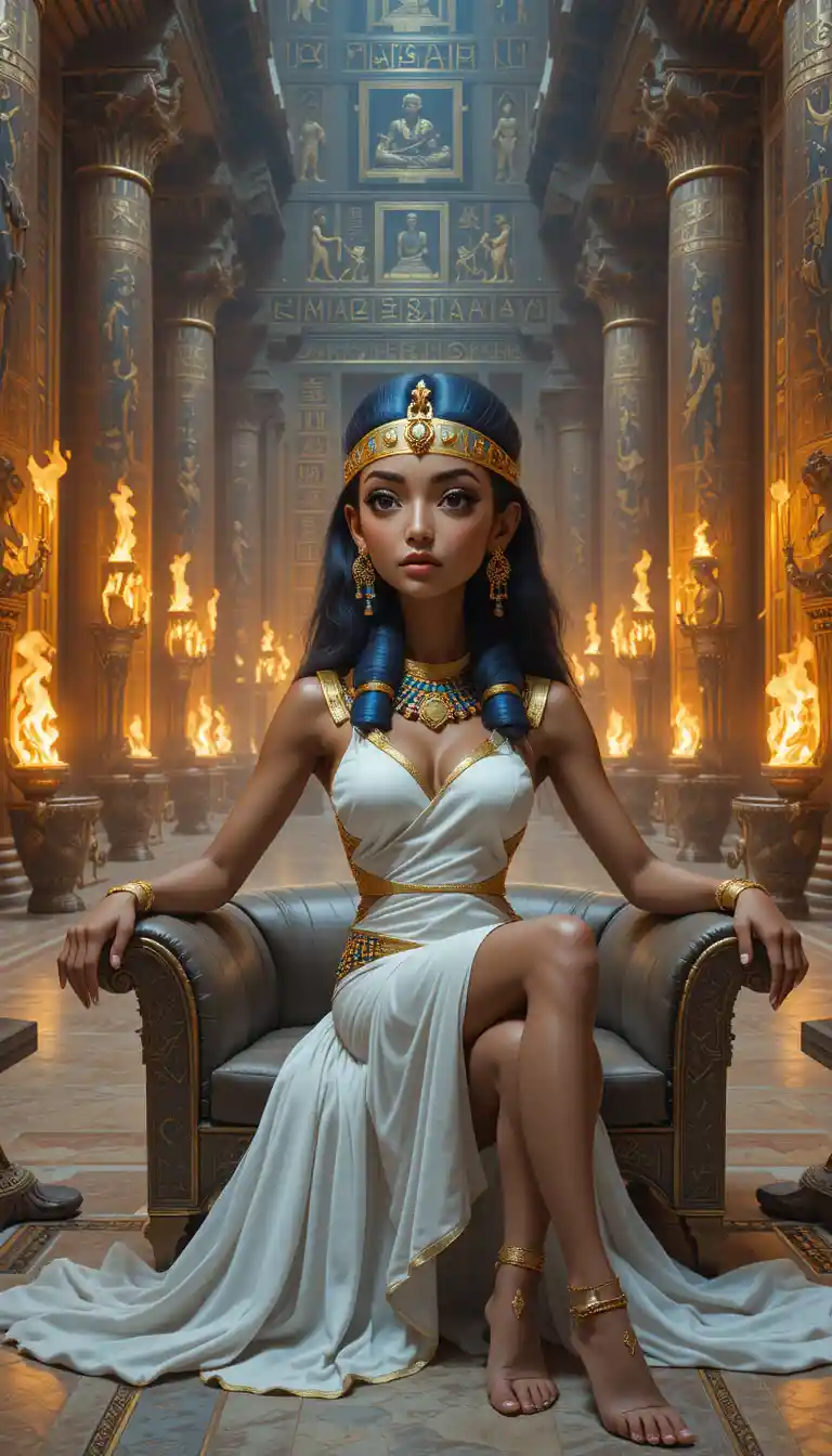 Eleganter ägyptischer Pharao, der sich in einem goldenen Palast entspannt
