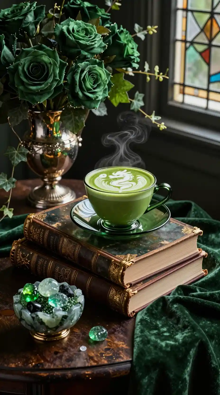 Smaragdgrüne Glasteetasse auf alten Büchern im grünen Stillleben