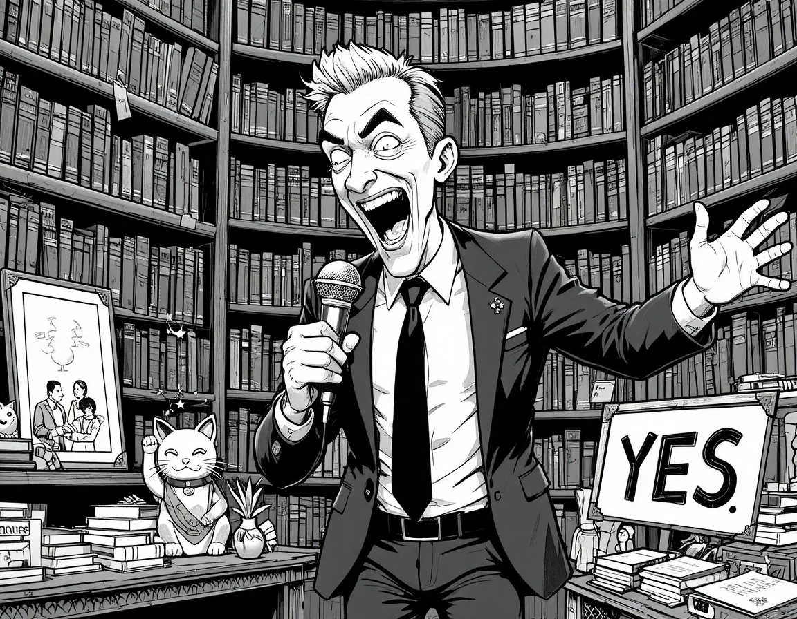 Man shouting into vintage microphone in dramatic library