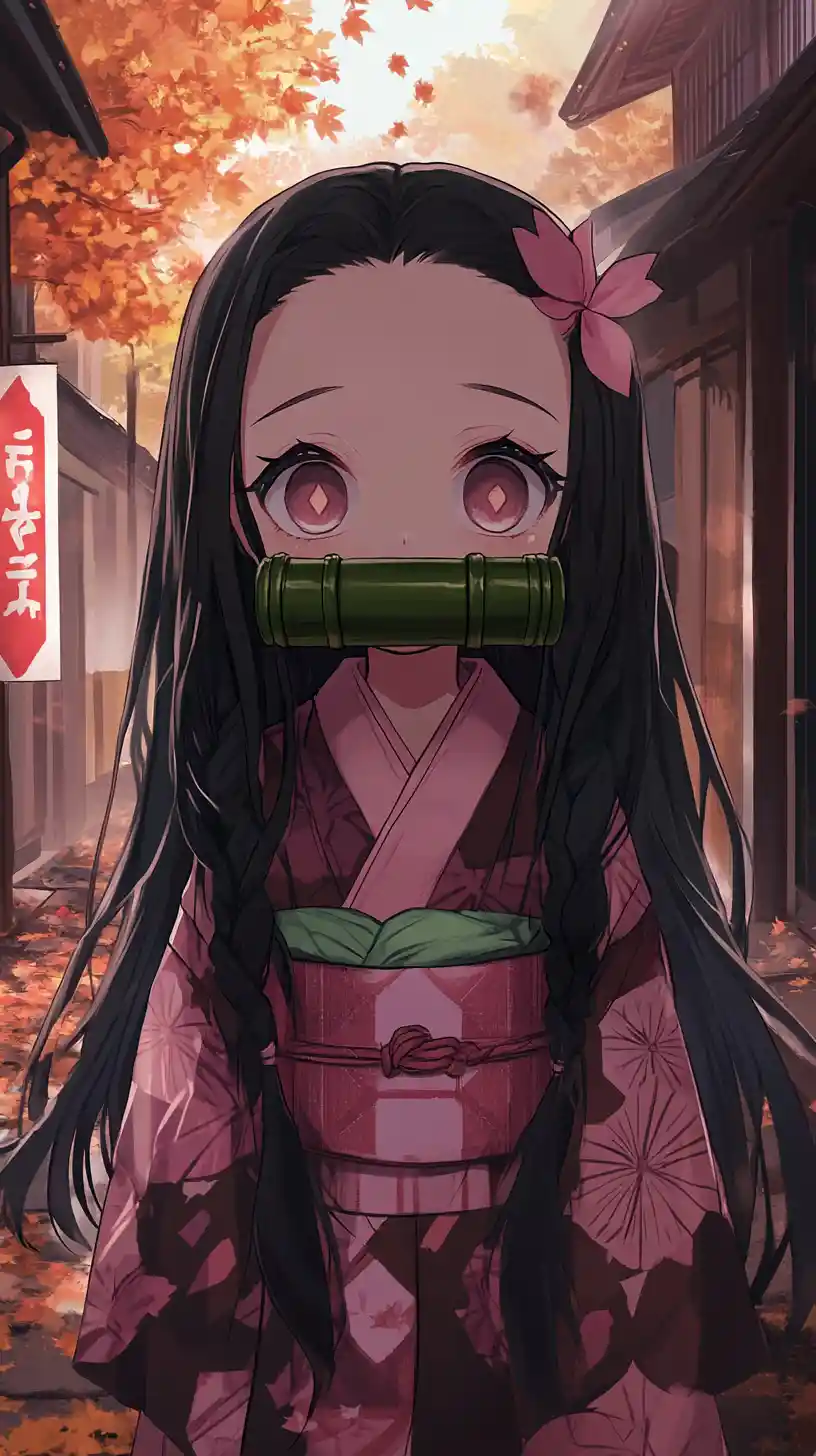 Chica chibi con kimono rosa en una calle otoñal iluminada