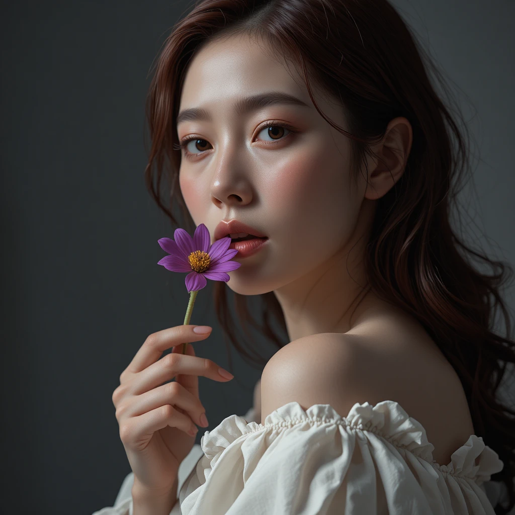Koreanisches Erstsemester-Porträt mit bordeauxroten Haaren und violetter Blume