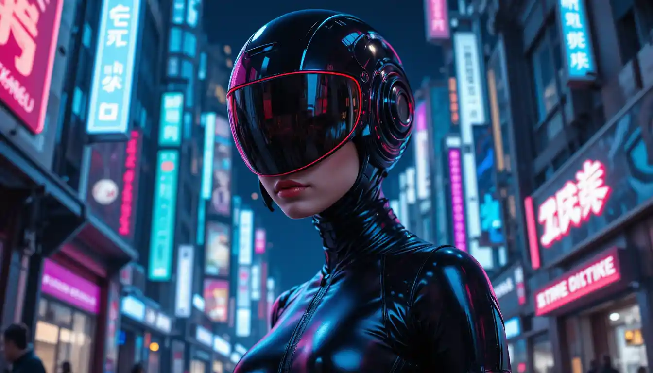 Androgyn wirkende Frau in Neonstadt mit futuristischem Visierhelm