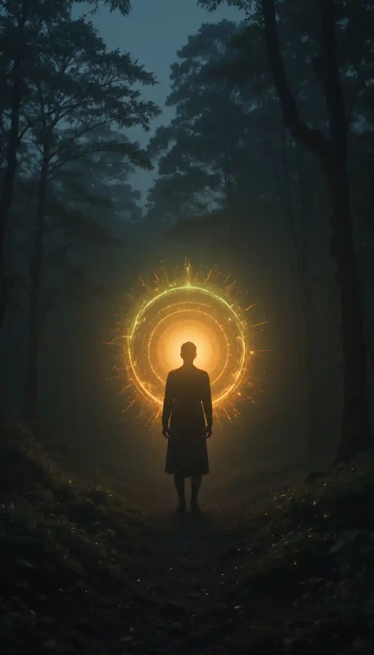 Silhouetted figure glowing with aura in twilight forest