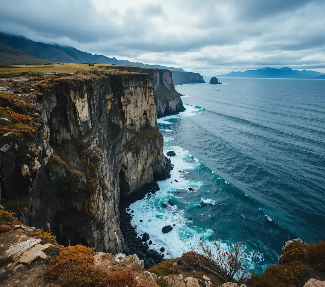 Dramatic rocky sea cliffs under an overcast sky