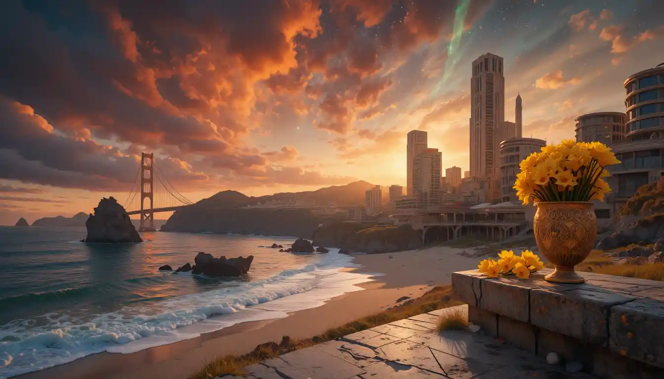 Futuristic bridge tower with green flash over reflective ocean