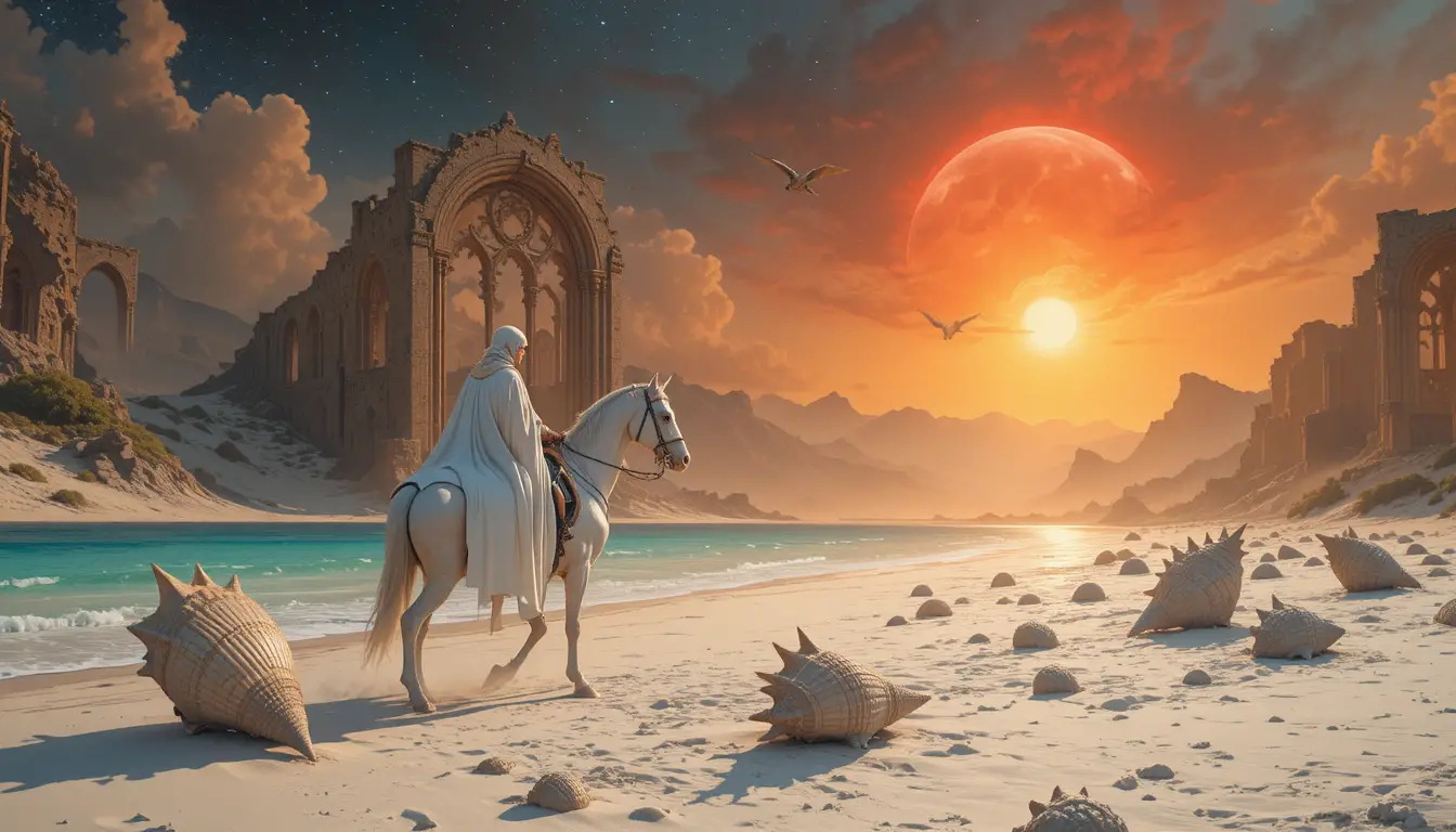 White haired knight in ruined gothic arches at sunset