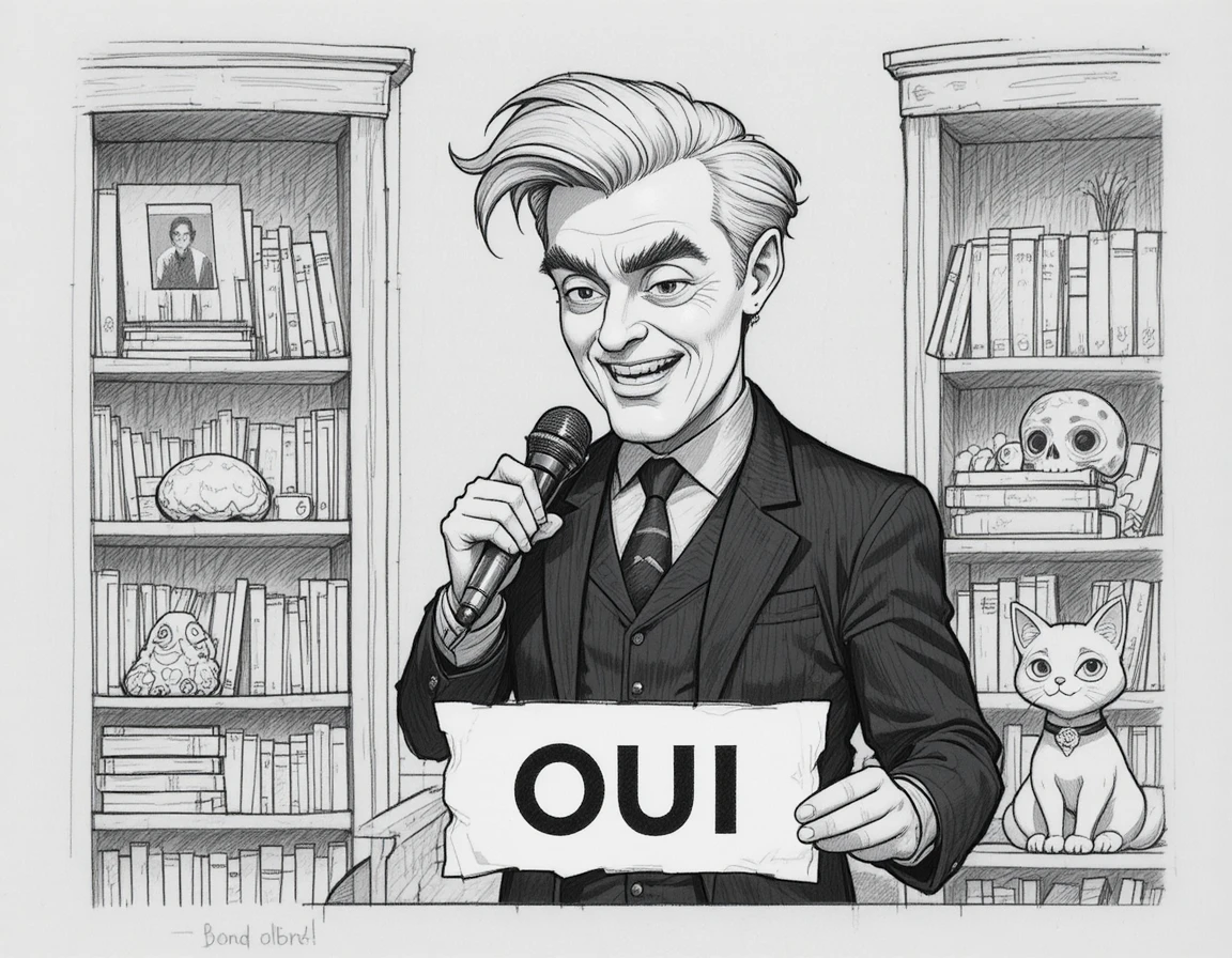 Man giving a speech in a black and white digital cartoon