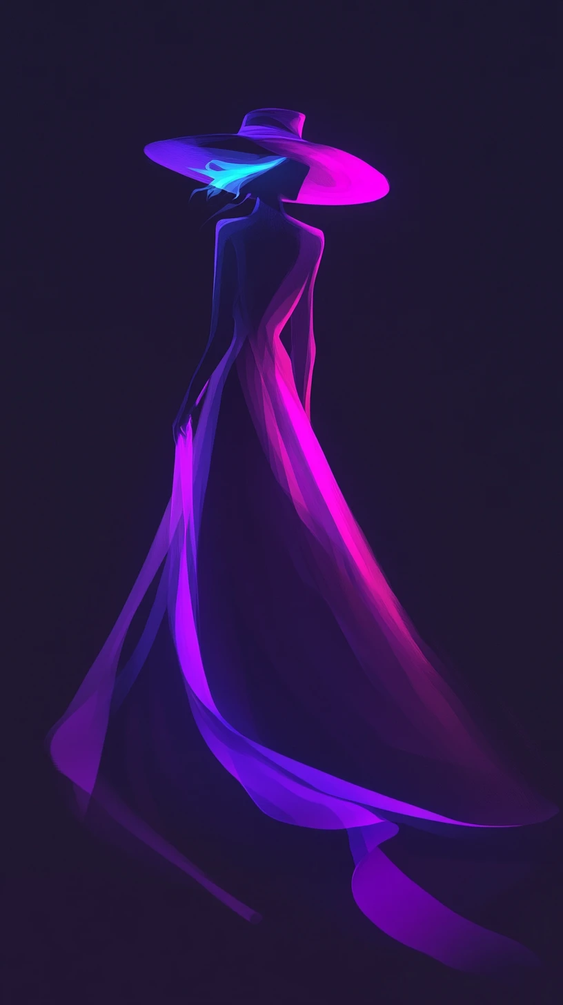 Glowing neon outline of a woman in a flowing dress