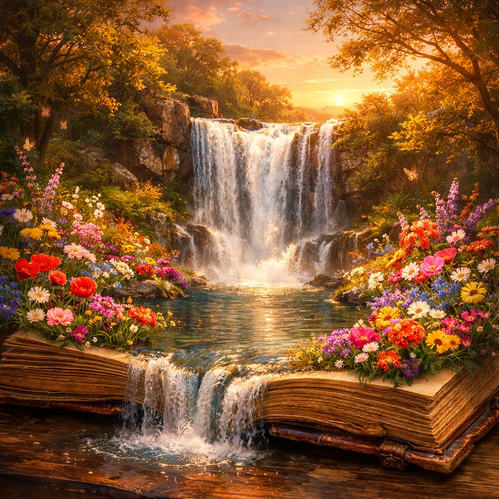 Enchanted waterfall landscape emerging from an open book