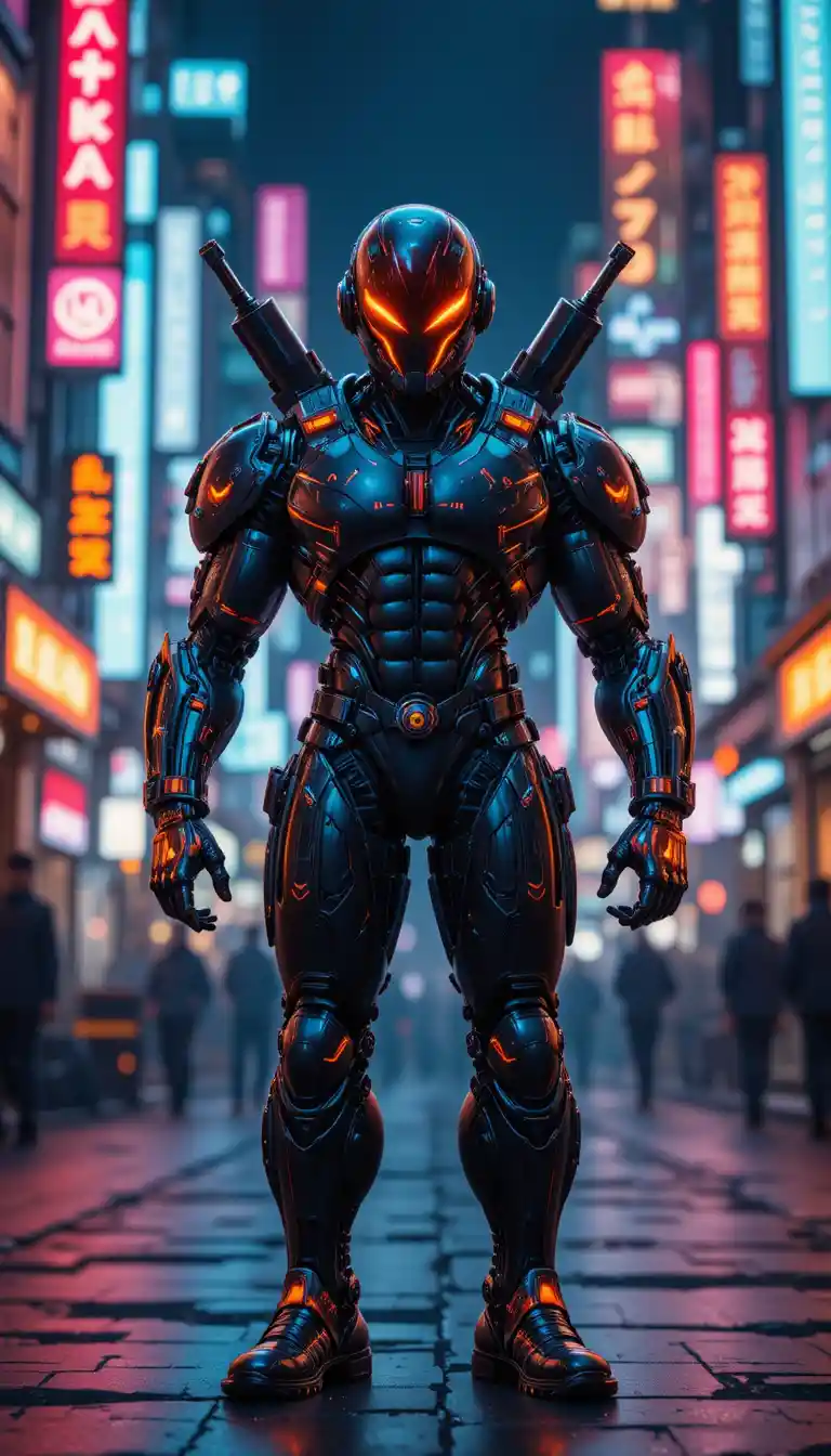 Futuristic Armored Humanoid Robot In Neon City Street