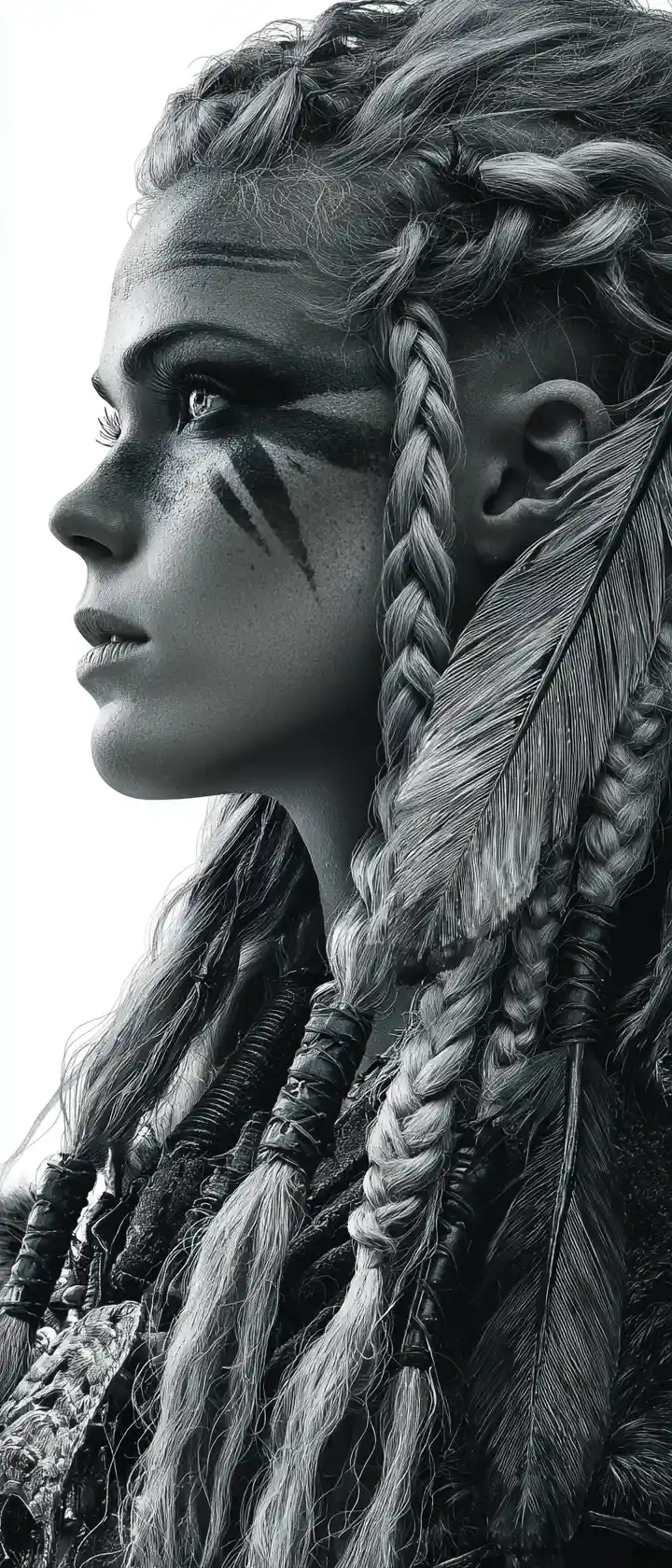 Fierce Viking warrior woman in black and white close up