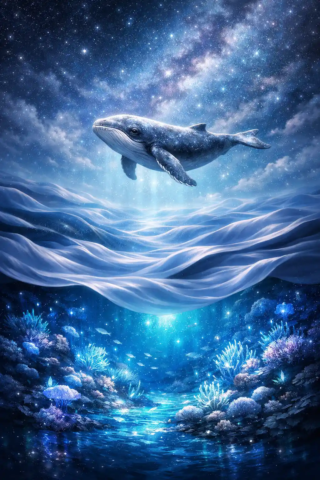 Baby whale drifting above flowing surreal ocean waves