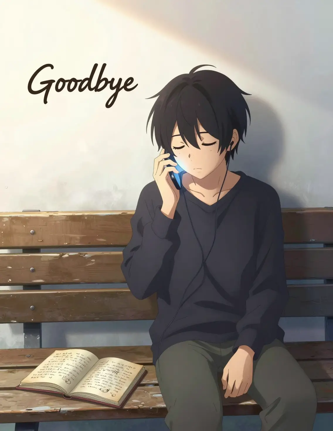 Anime boy listening to music on a wooden bench