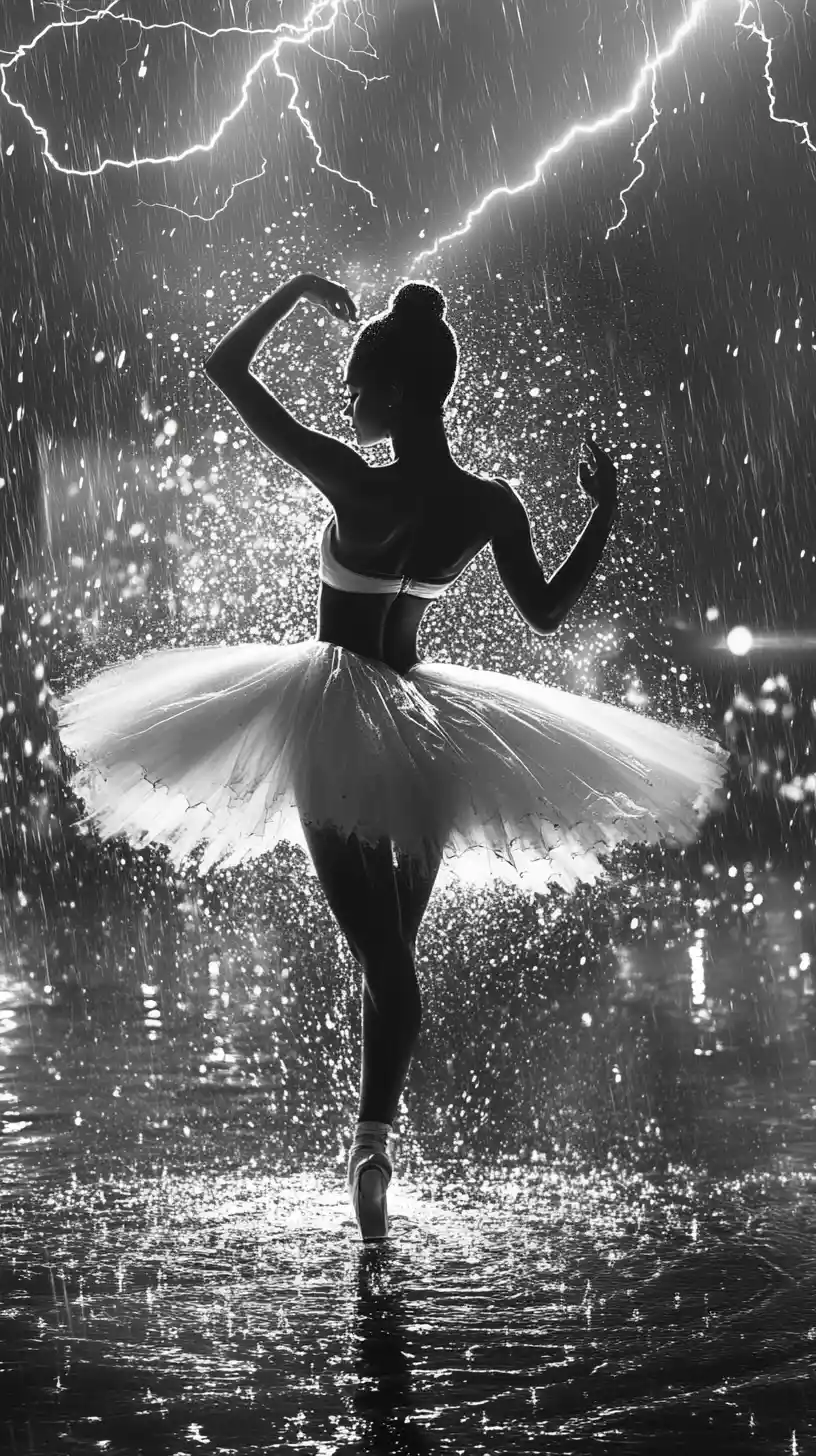 Ballerina dancing in the rain with dramatic electric light