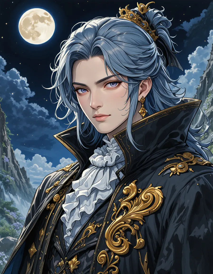 Moonlit fantasy mage highlord in ornate black royal robes
