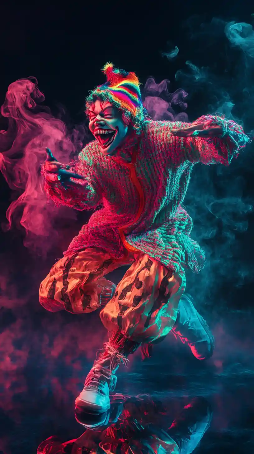 Burattino di clown lavorato a maglia con magia al neon e riflessi