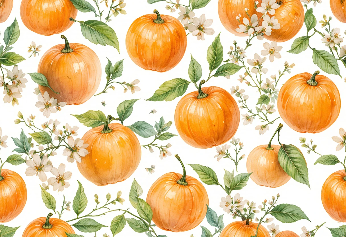 Cheerful watercolor mandarins and blossoms seamless fruit pattern