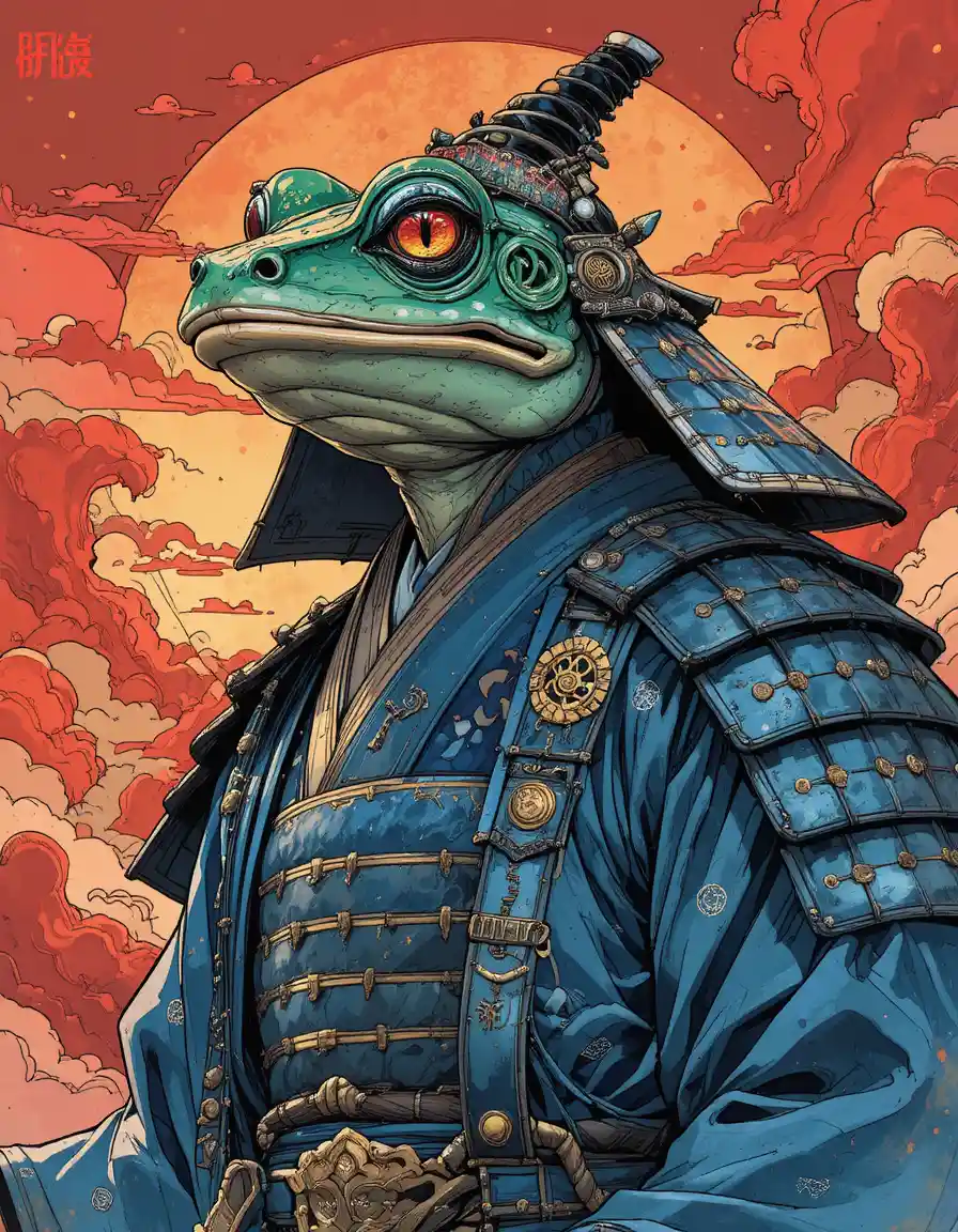 Anthropomorphic frog samurai lord at blazing red sunset