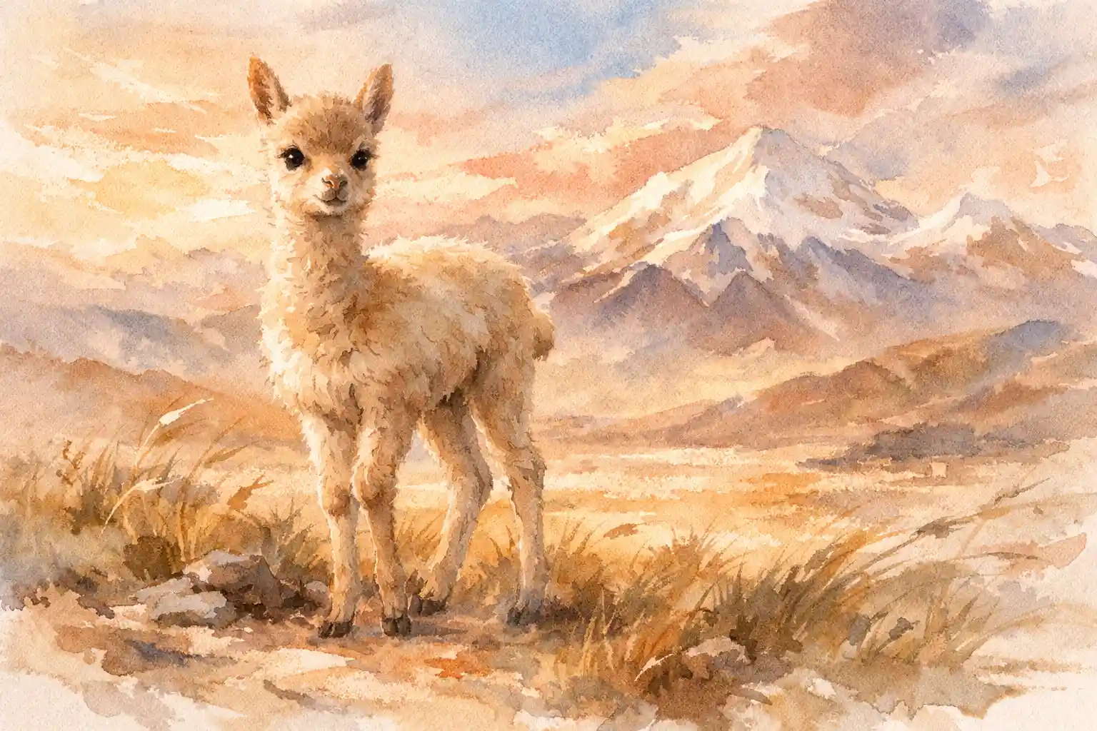 Watercolor baby vicuna standing in a high Andean meadow