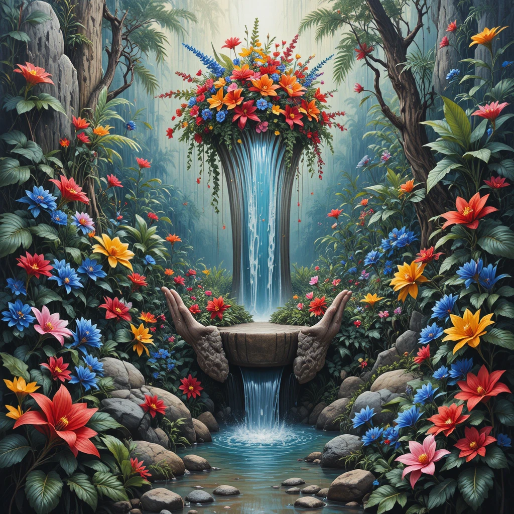 Vibrant 3D jungle waterfall flowing from a stone vase
