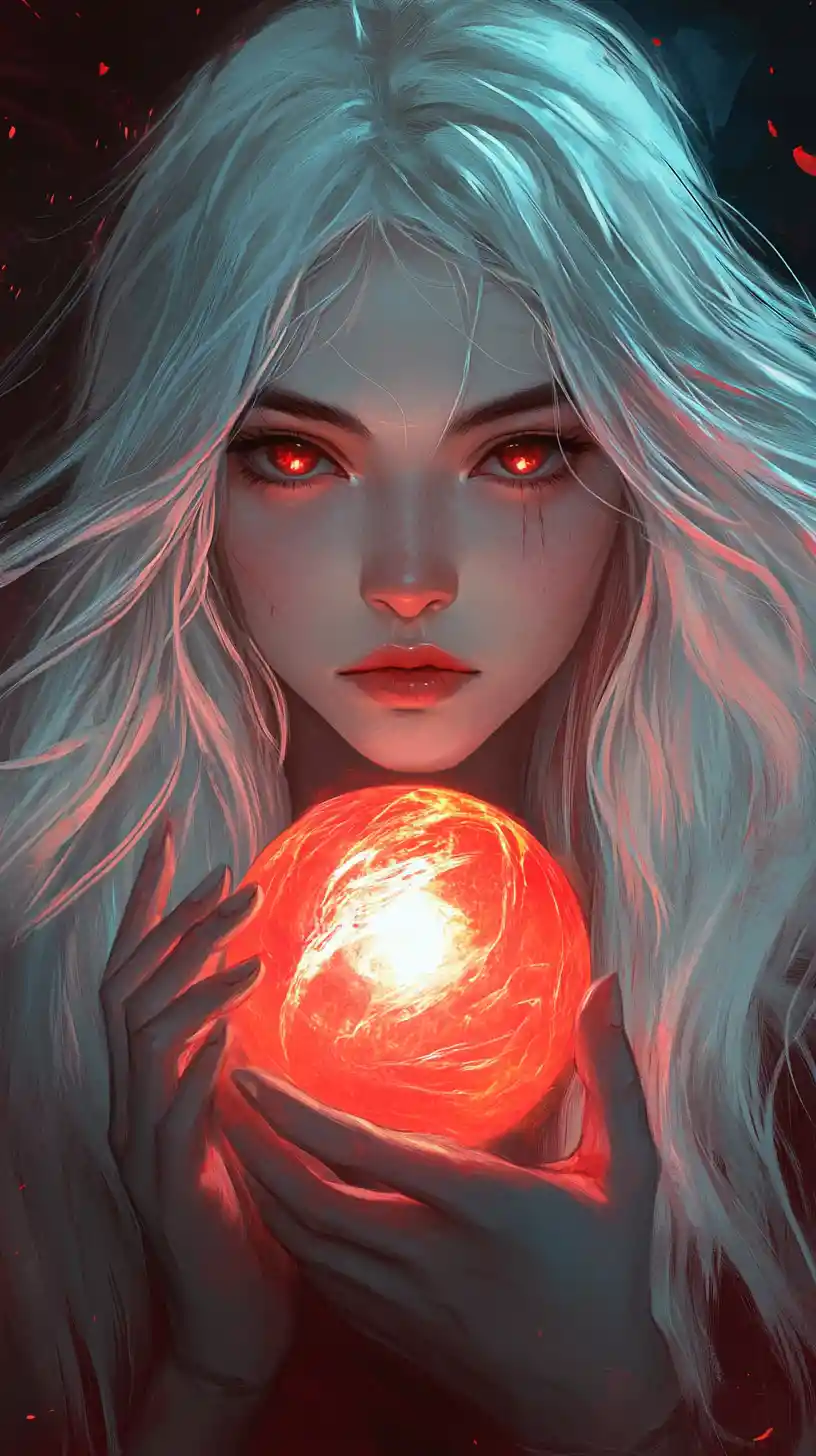 White haired anime girl holding a glowing red orb
