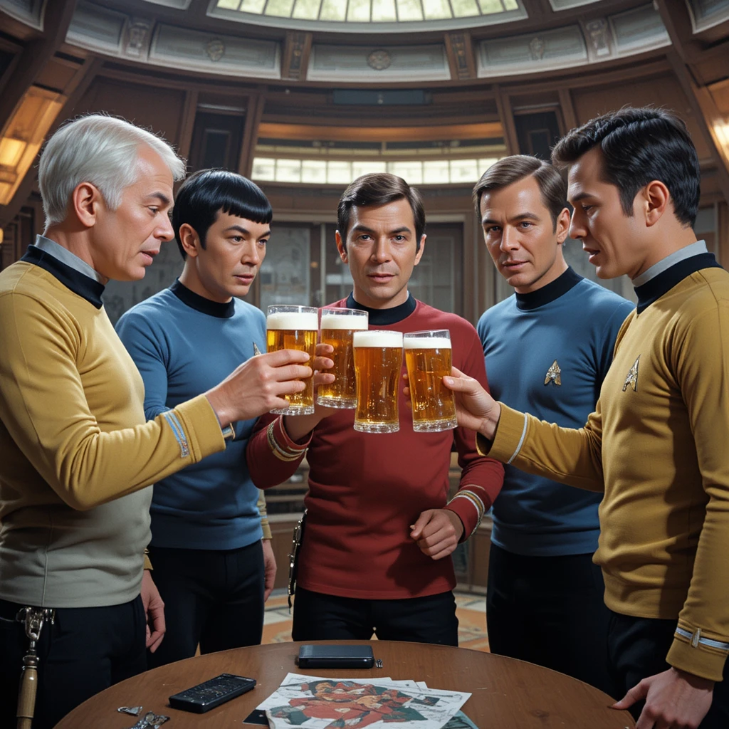 Starship crew toasting with alien ale after space victory