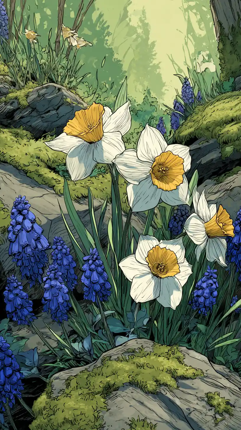 White daffodils and blue flowers among mossy rocks