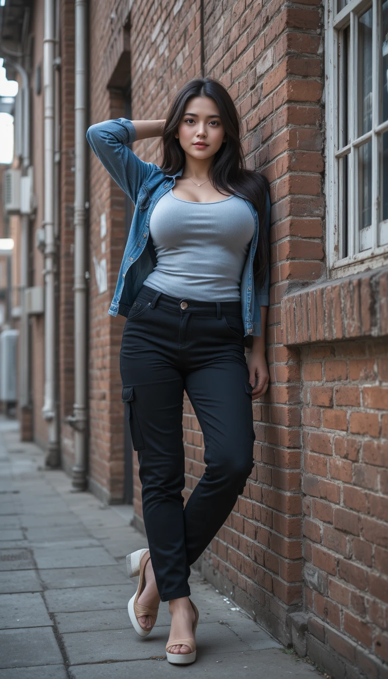 Confident young woman posing against an urban brick wall