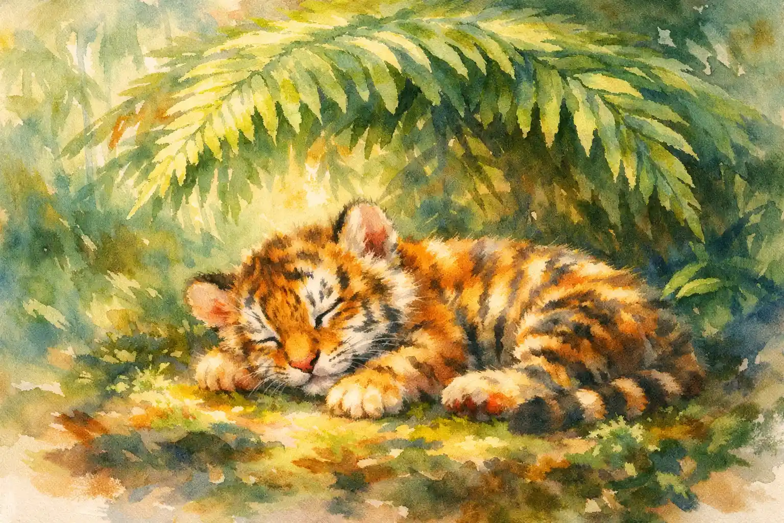 Cucciolo di tigre ad acquerello che riposa sotto le felci nella foresta pluviale