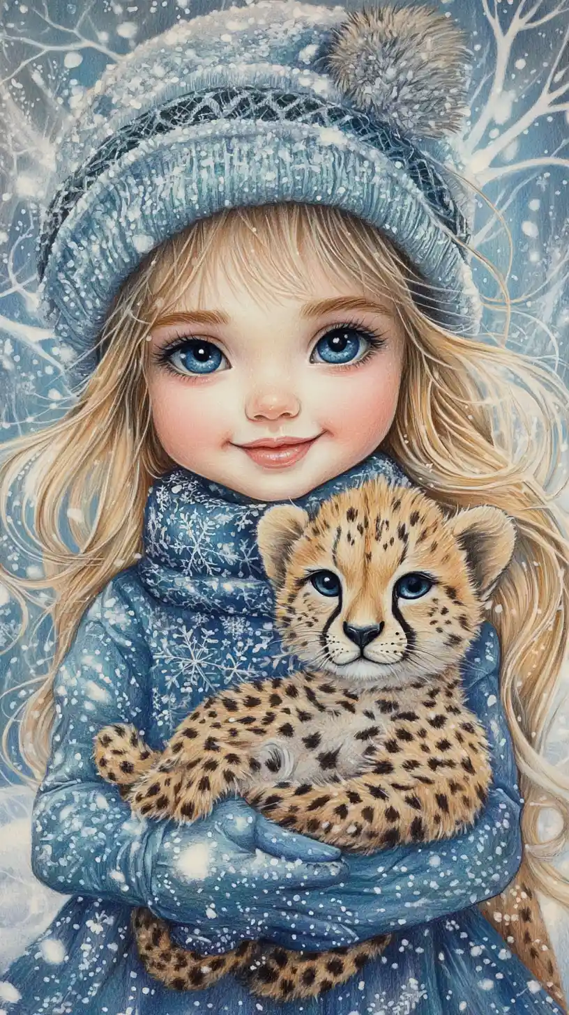 Smiling winter girl holding a baby cheetah drawing