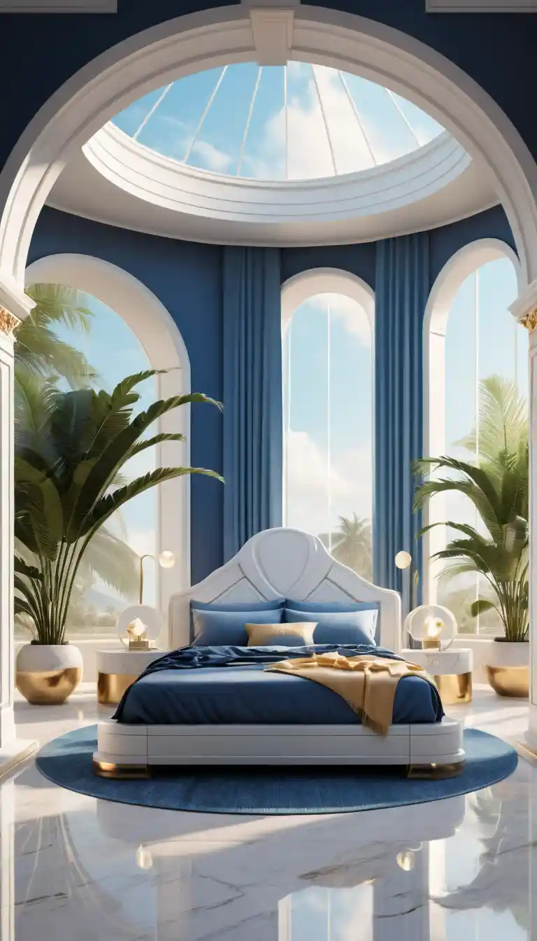 Futuristic open air bedroom with glowing royal bed