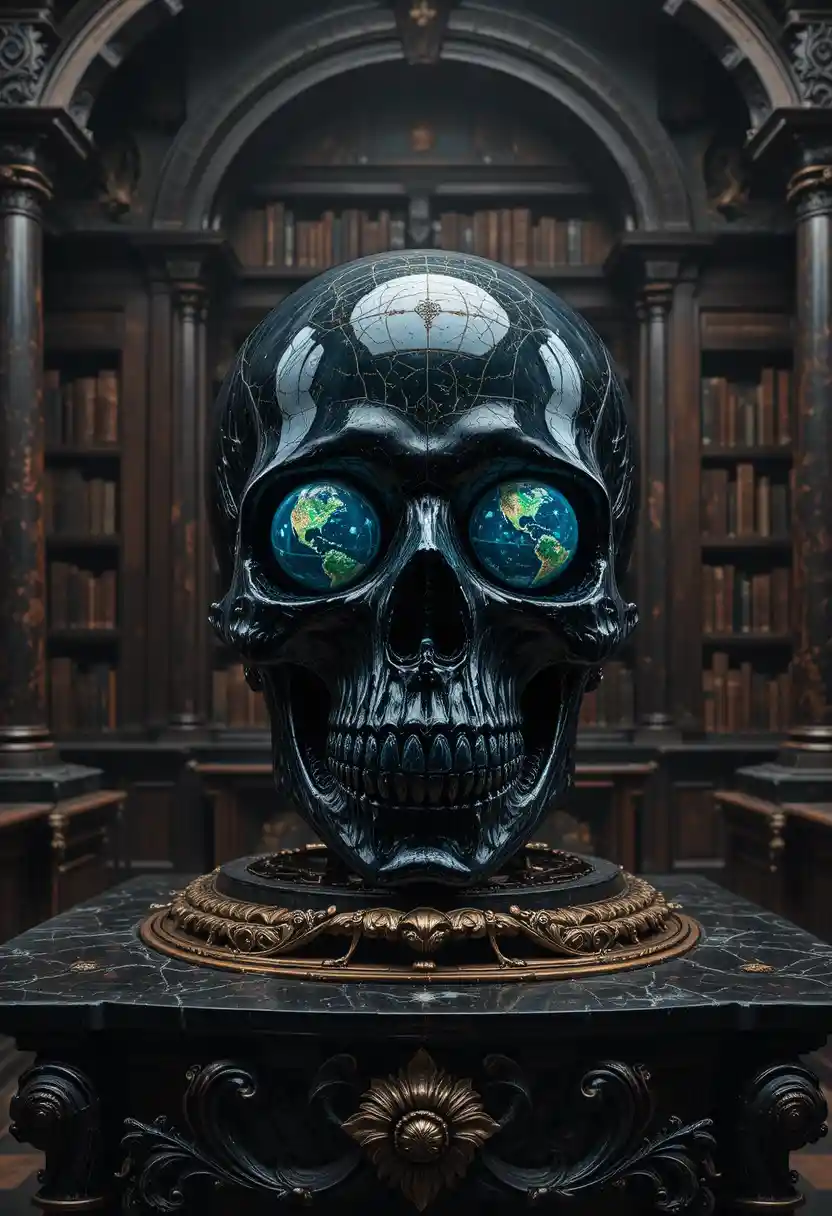 Surreal skull globe on obsidian altar in ancient library