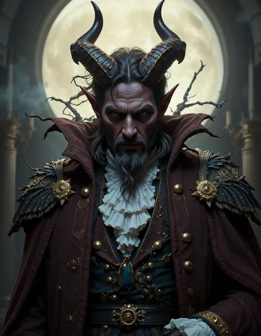 Moonlit portrait of a regal devil highlord in 1800s attire