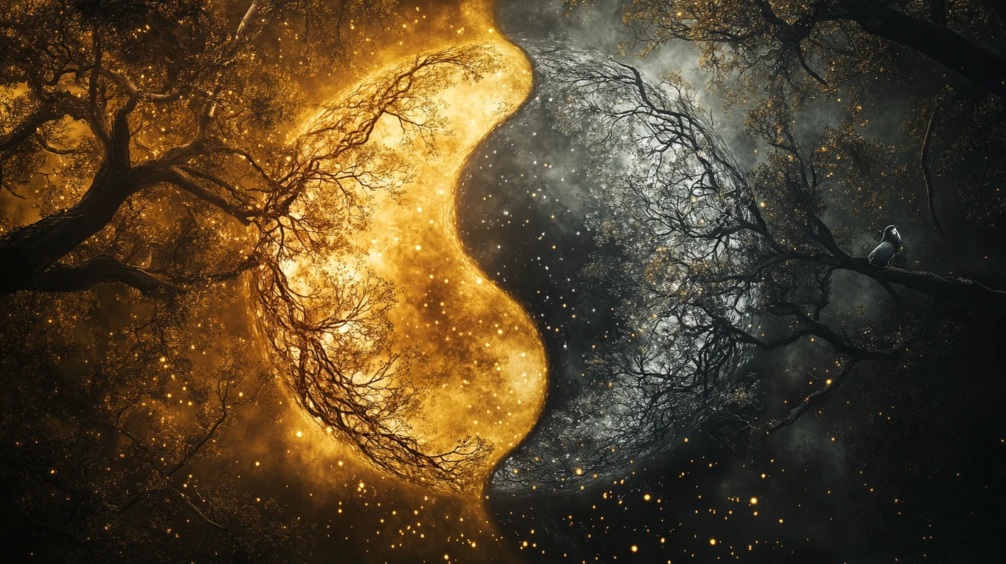 Yin yang sun and moon forests in glowing circular balance