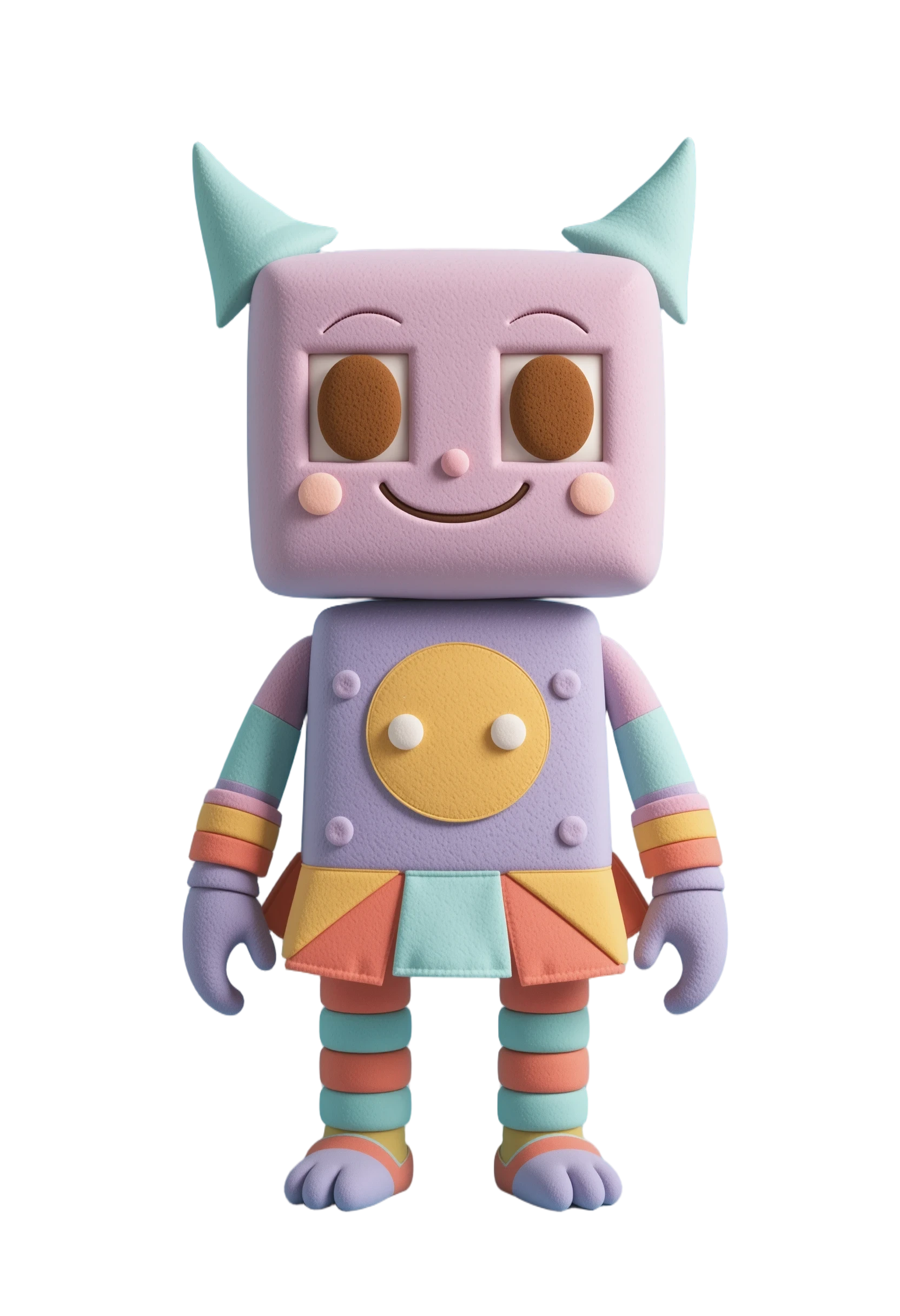 Geometric plush toy character on soft blue background