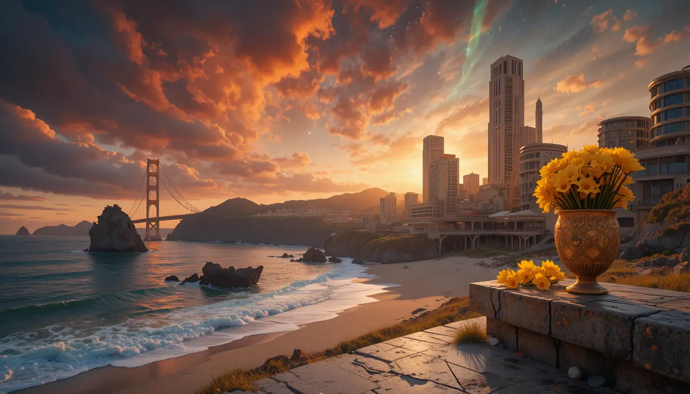 Futuristic bridge tower with green flash over reflective ocean
