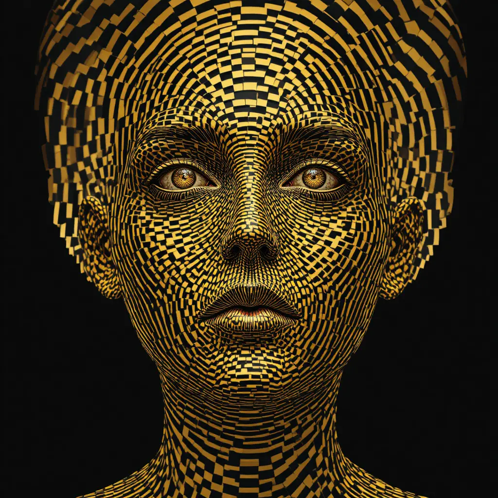 Human face dissolving into abstract hexagonal op art grid