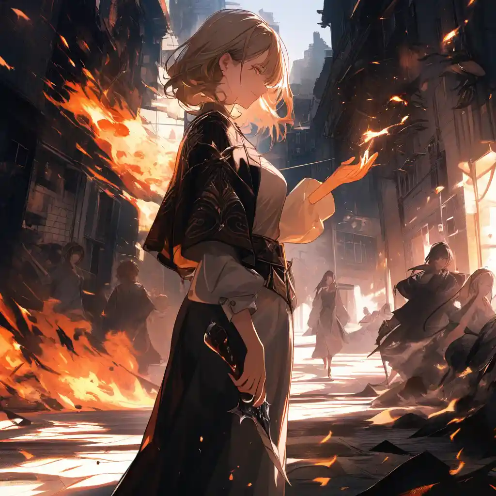 Anime woman walking through a burning battlefield street