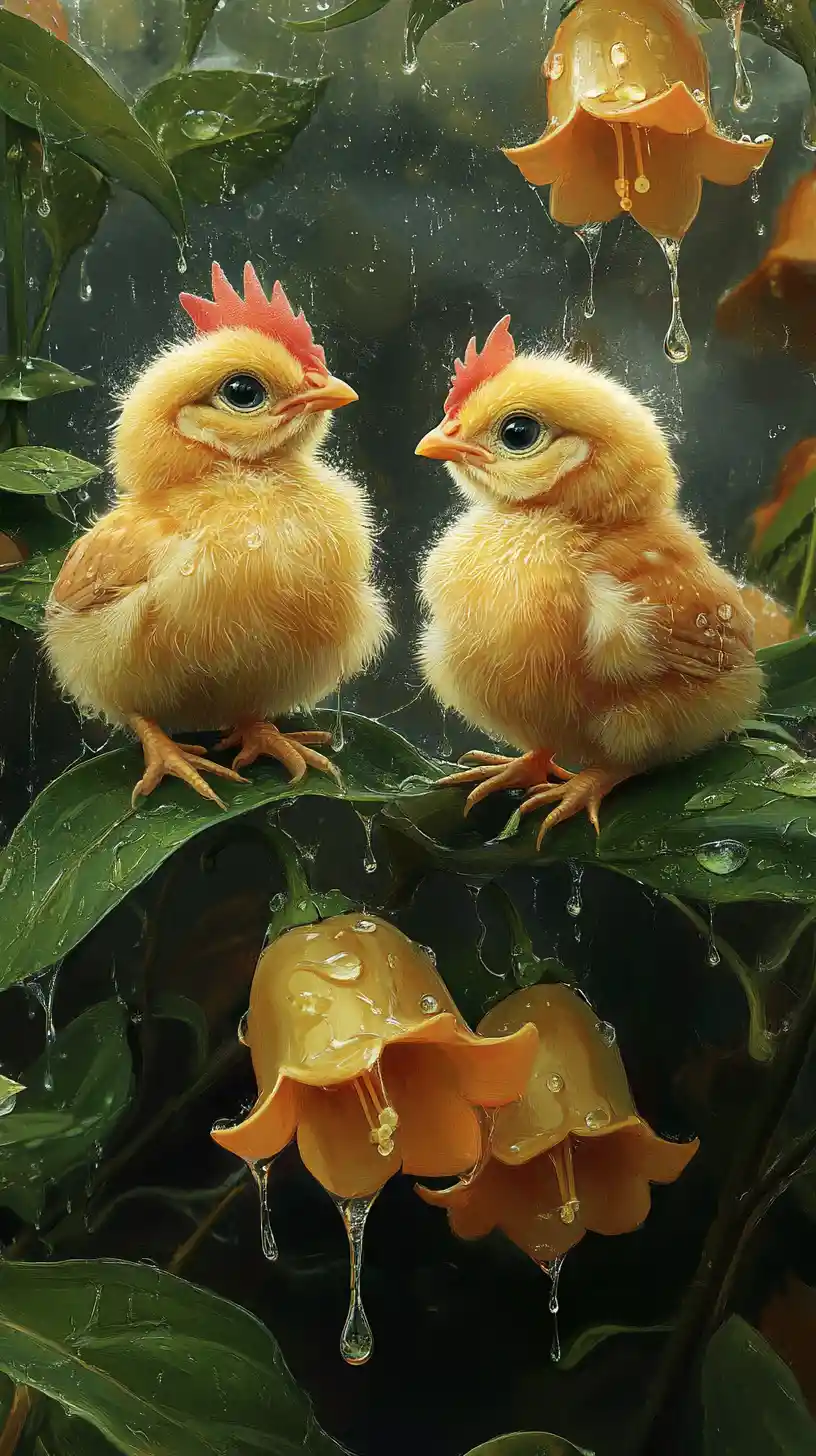 Two fluffy baby chicks among yellow bell flowers and leaves