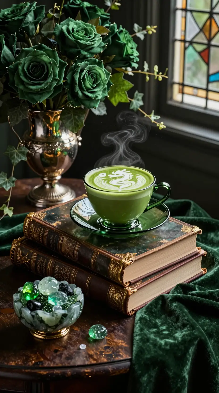 Emerald glass teacup on ancient books in green still life
